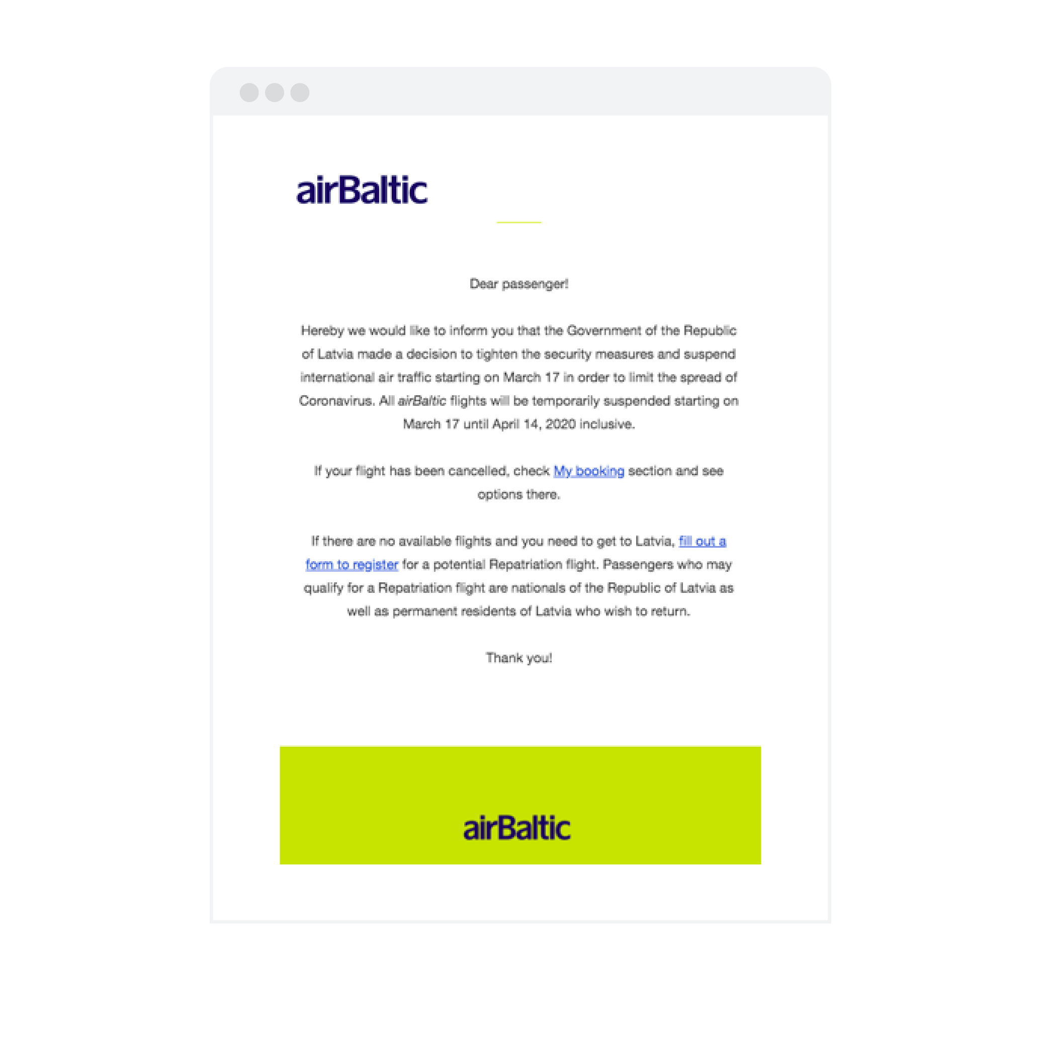 airBaltic cancellation email