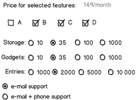 A complex price calculator with many variables and options