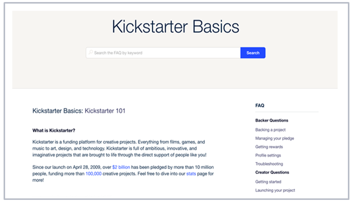 FAQ example using Kickstarter