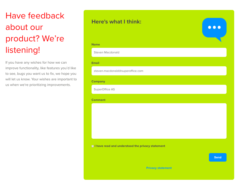 Product feedback web form